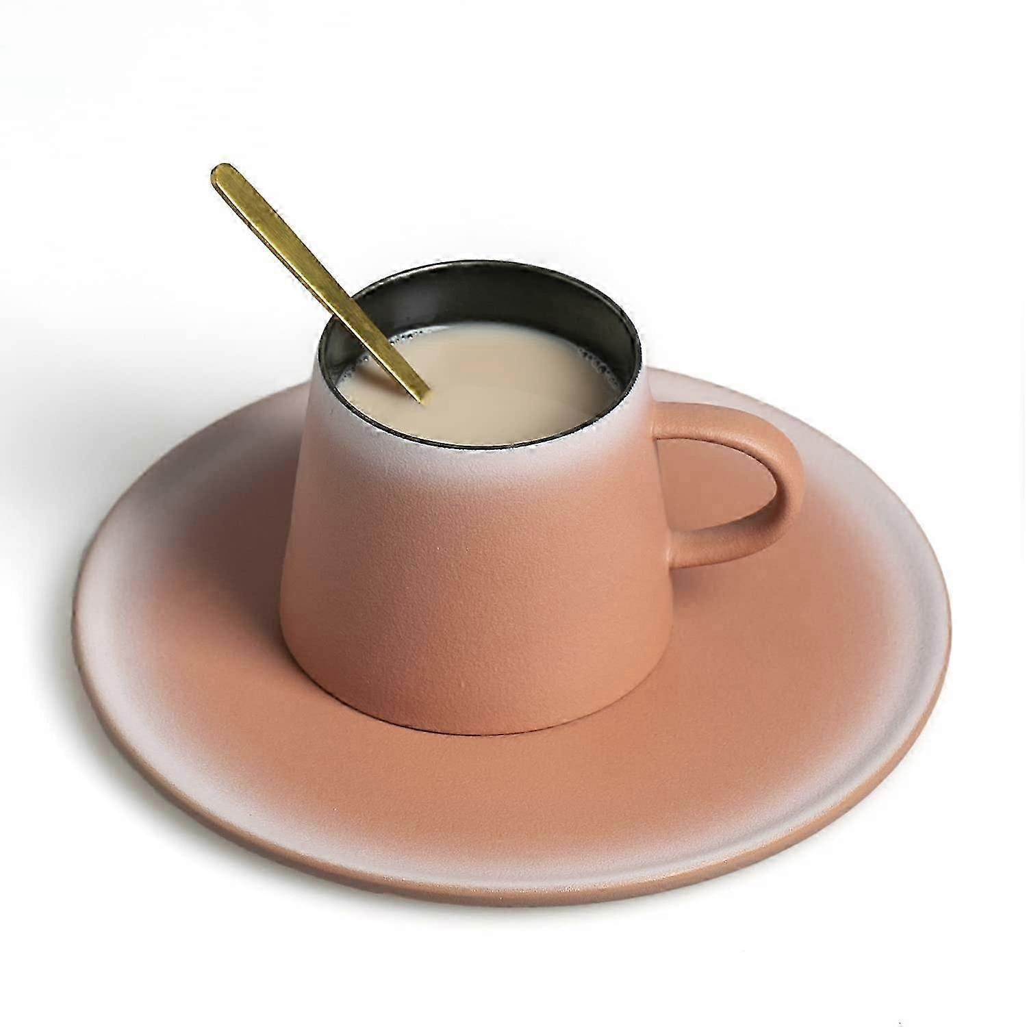 Coffee Cup Set with Matching Saucer and Golden Spoon,Coffee Mug for Daily and Office 7oz (Pink)