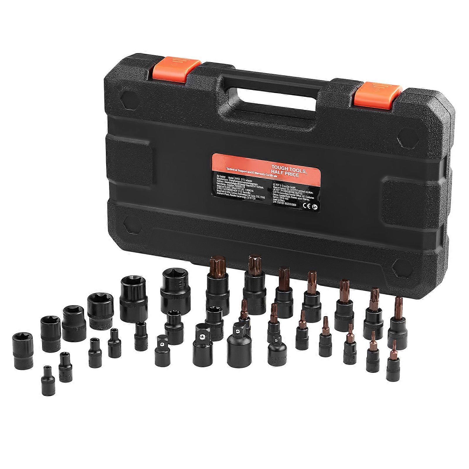 Torx Bit Socket and External Torx Socket Set, 31-Piece T8-T70 and E4-E24, S2 Alloy Steel and Cr-V Steel, 1/4 in, 3/8 in, and 1/2 in Drives