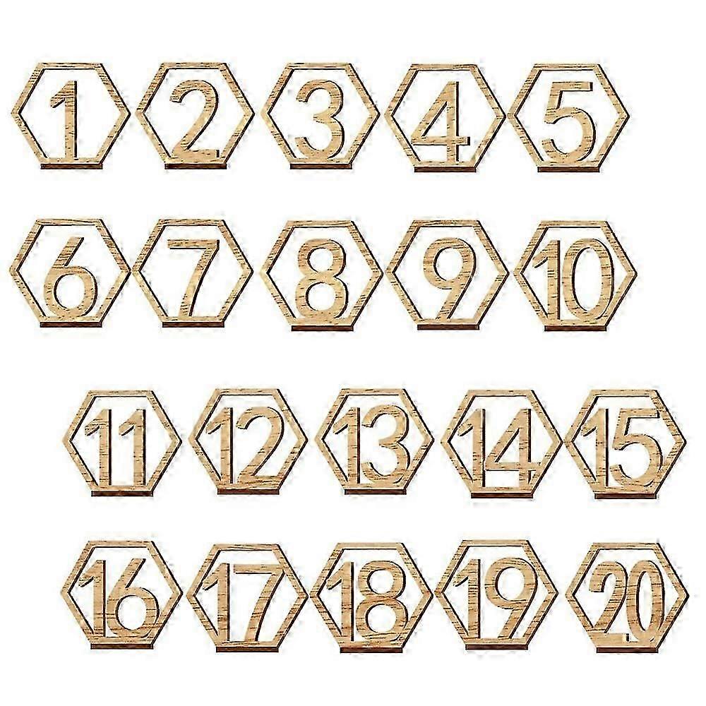 1-20 Wooden Table Number Plate Hexagonal Hollow Table Number Card Digital Seat Card with Sturdy Holder Base