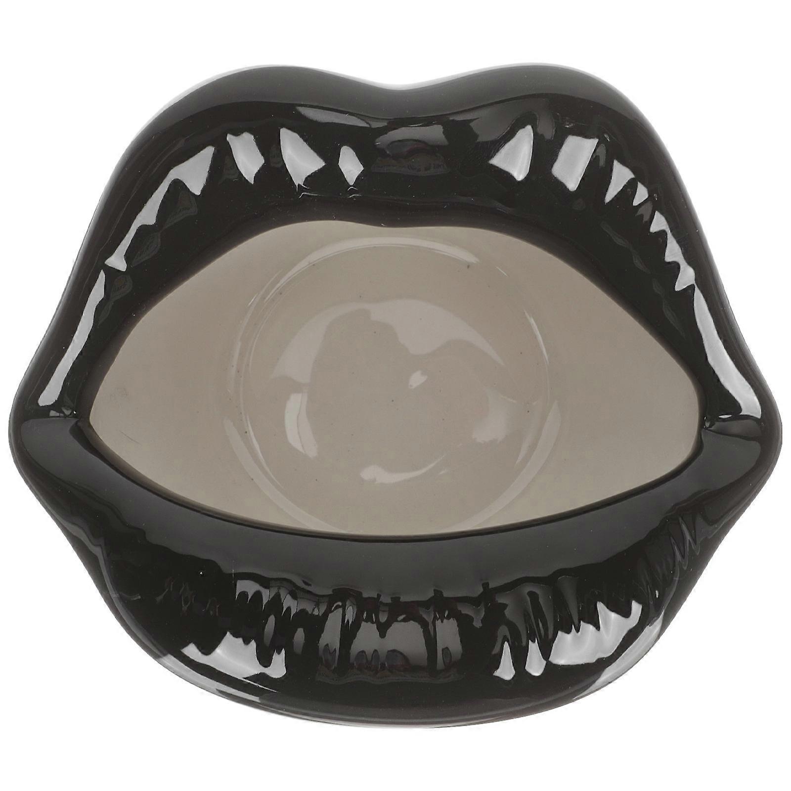 Hotel Decoration Small Ceramic Tray Lip Shaped Tabletop Ornament Black 1Set