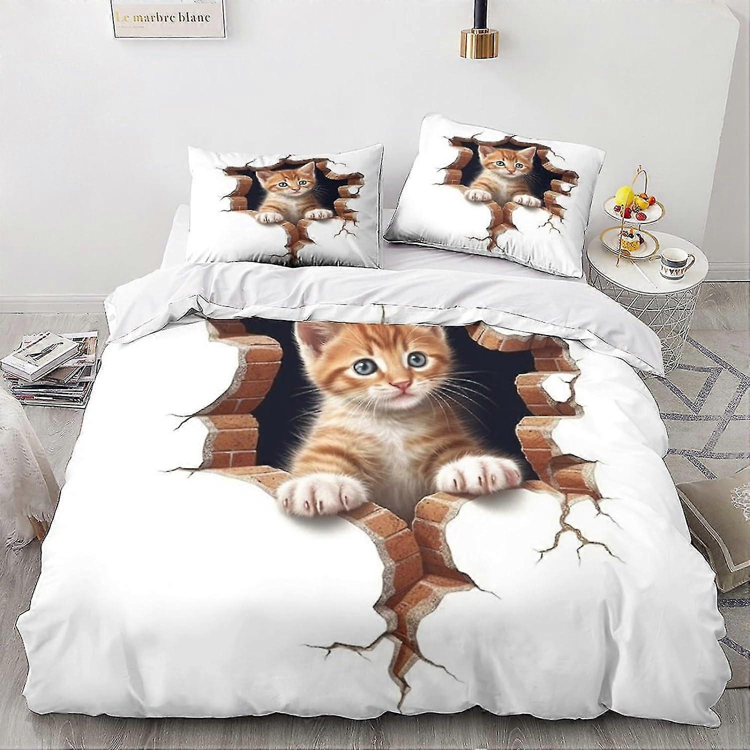 3D Printed Cat Bedding Set for Teens Animal Pattern Duvet Cover Set with Pillowcases Cute Kitty Microfiber Quilt Cover with Zipper Closure