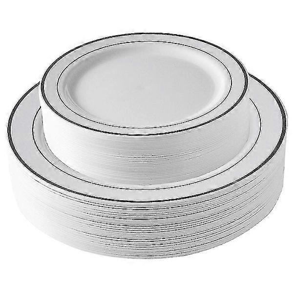 25 pcs Assiettes en plastique argenté Assiettes jetables blanches avec bord argenté