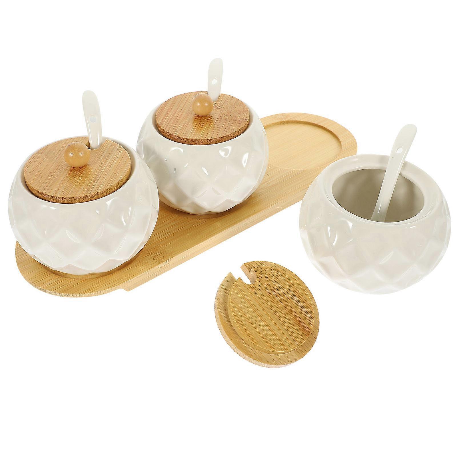 Ceramic Spice Container with Bamboo Lid and Tray for Kitchen Use Multi 7 Piece Set