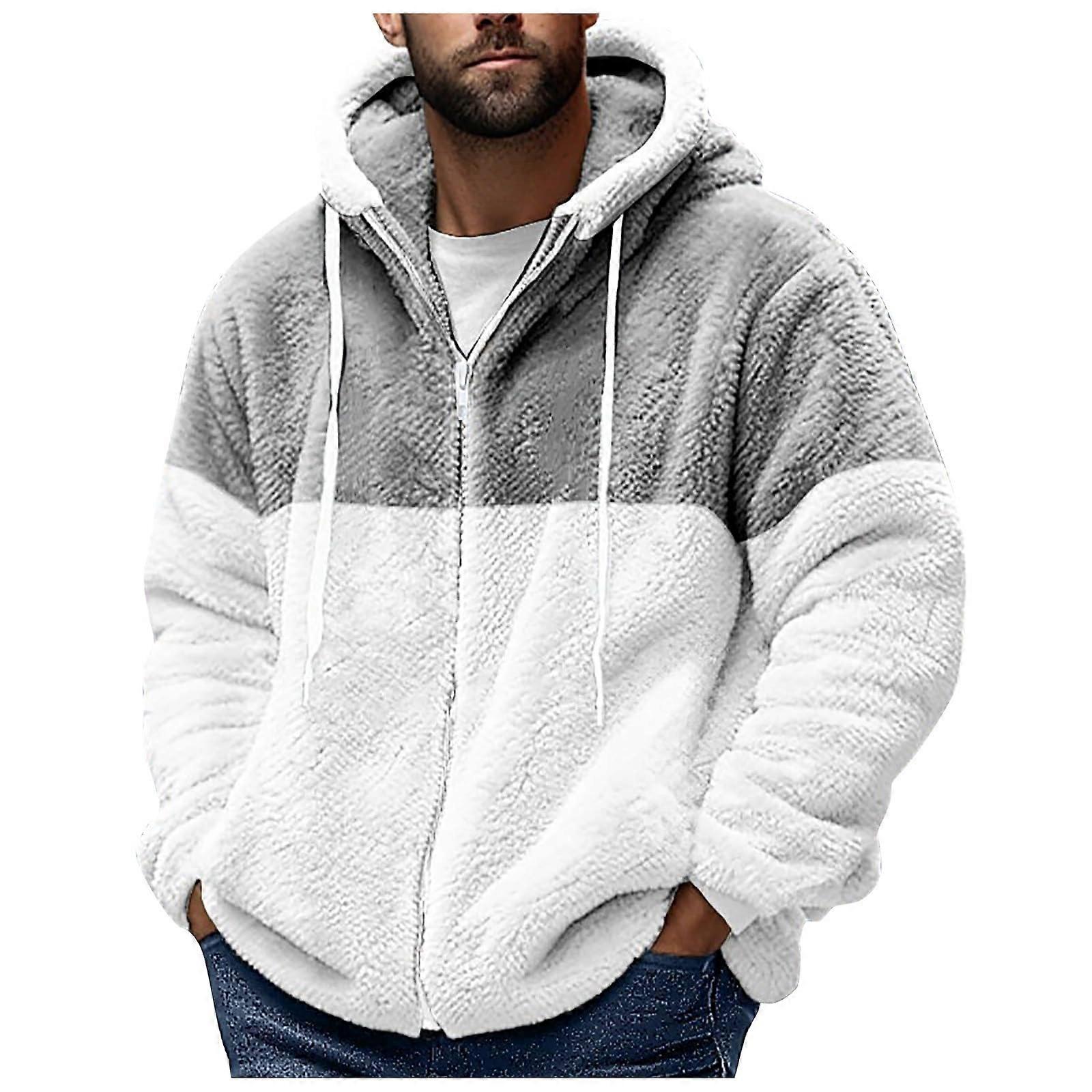 Men's Colour Block Teddy Fleece Winter Jacket with Hood Gray M