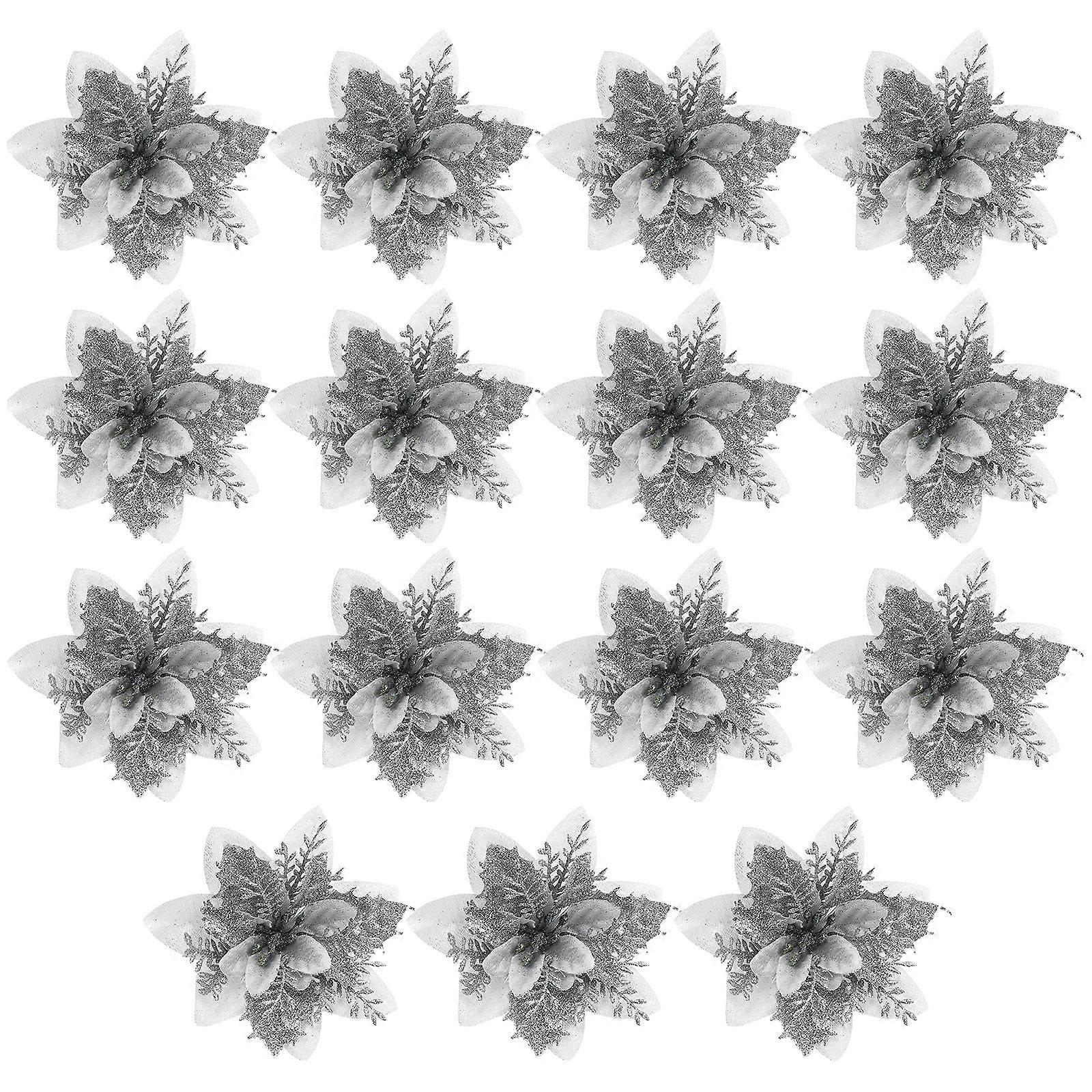 Silver Glitter Flower Decorations 15Pcs Christmas Artificial Flowers Wreath For Festive Atmosphere Creation