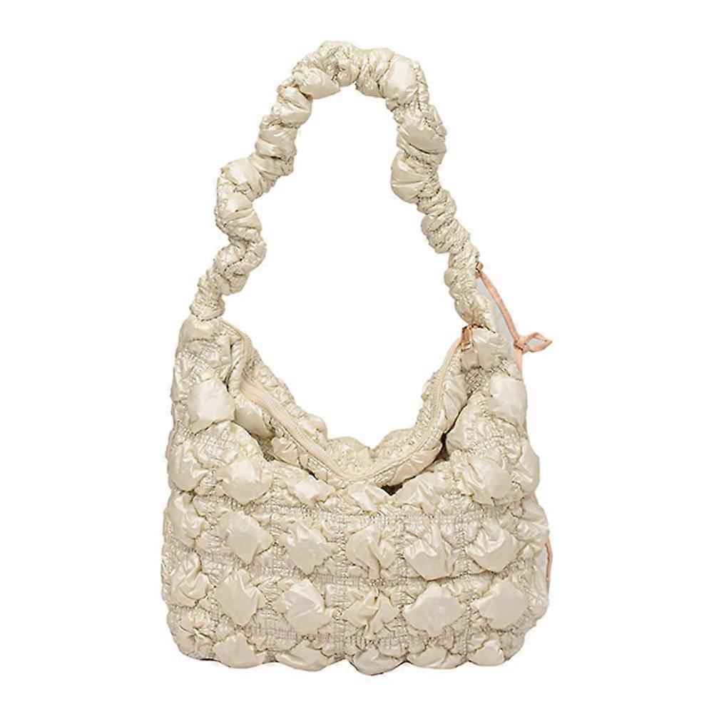 Women's Bubble Folded Cloud Shoulder Bag - Casual Quilted Messenger Bag with Drawstring, Large Capacity, White