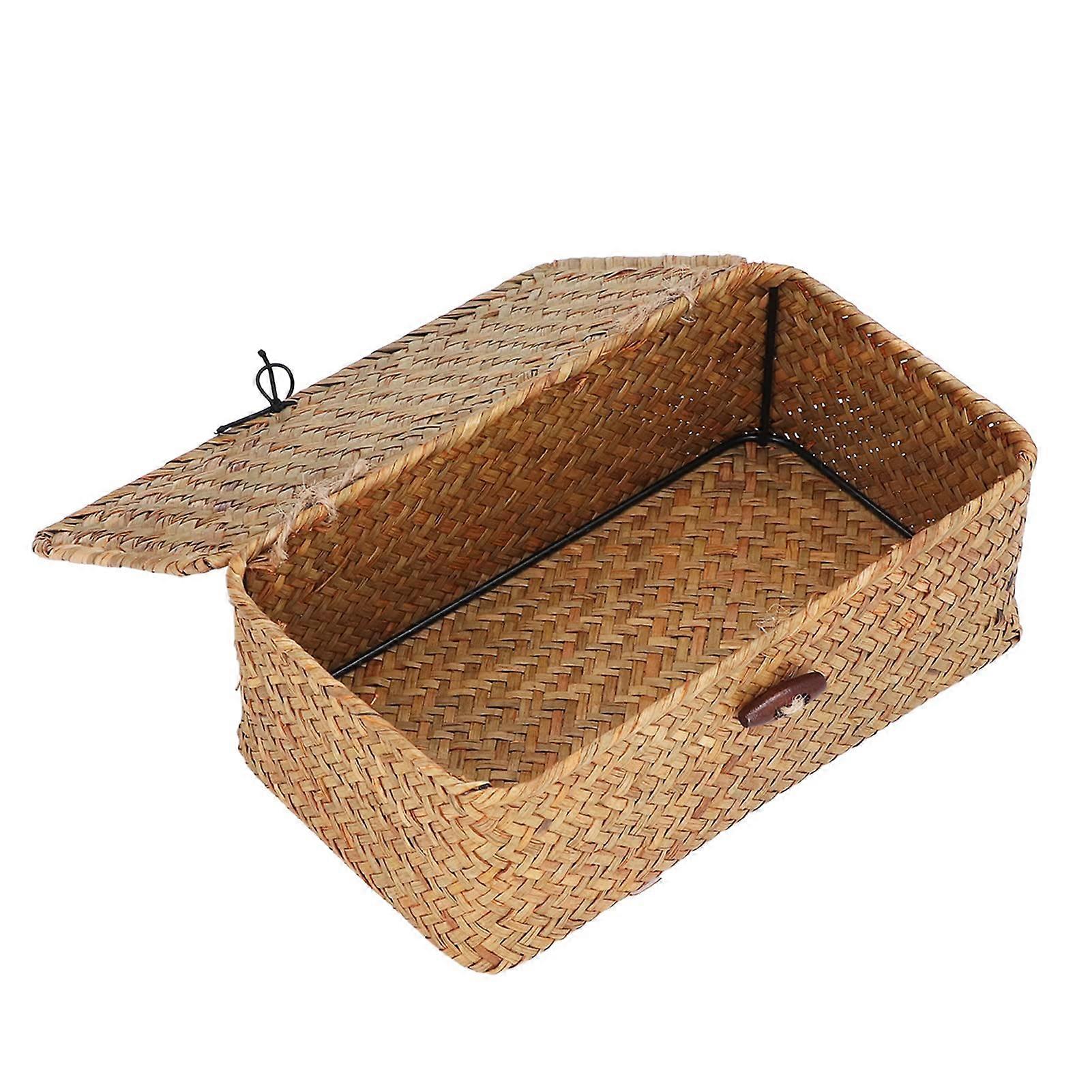 Storage Baskets with Lids, Seagrass Rectangular Wicker Basket, Natural Rattan Organizer For Makeup And Clothes