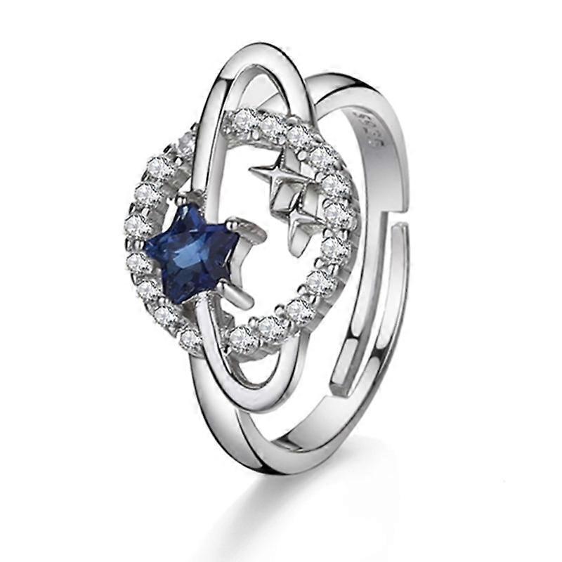 Women's Star Planet Ring, Small Fresh Blue Zircon Single Row, Pentagram Open Design