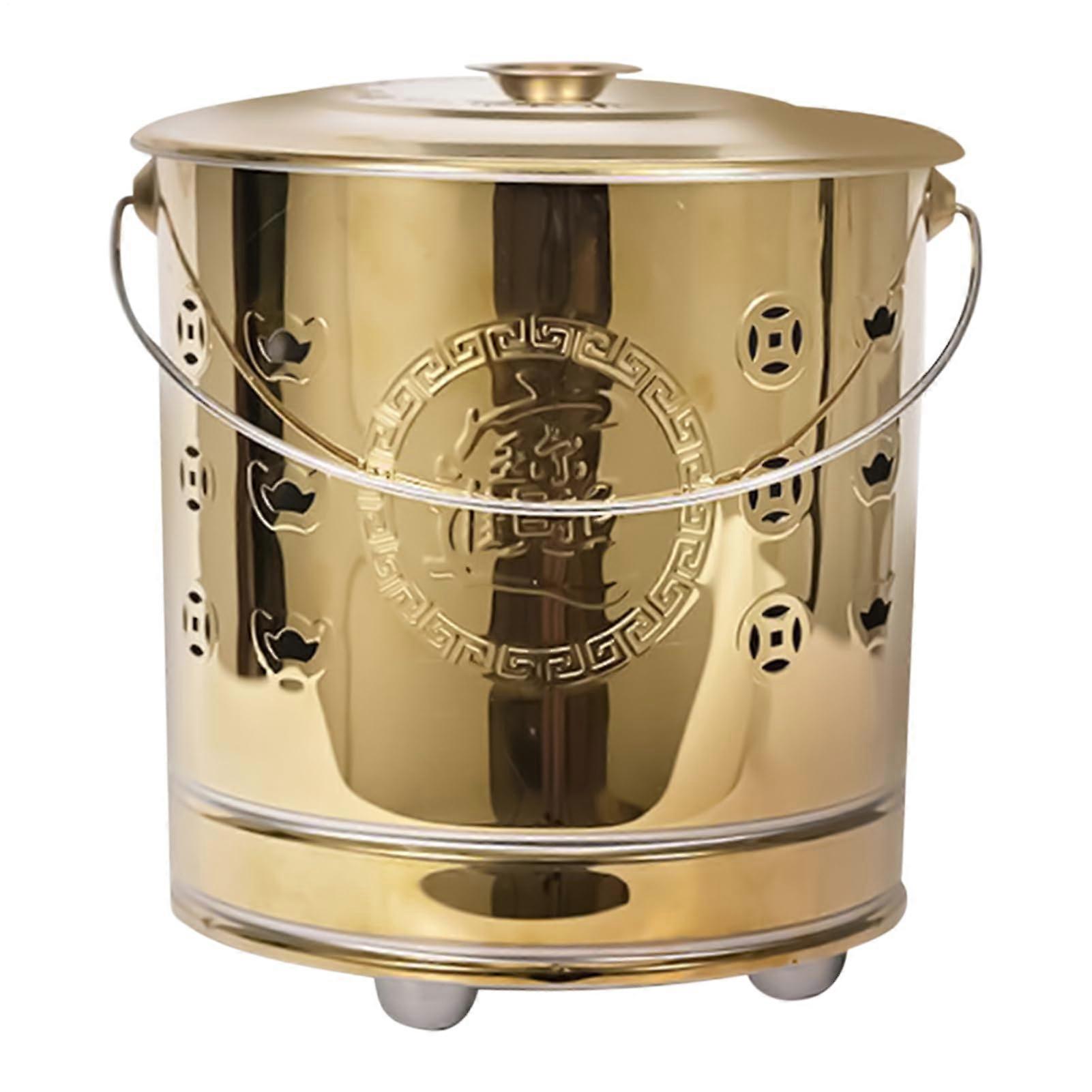 Metal Burn Barrels Stainless Steel Incinerator With Lid And Handle Fire Hook Portable 26x26x29cm Gold