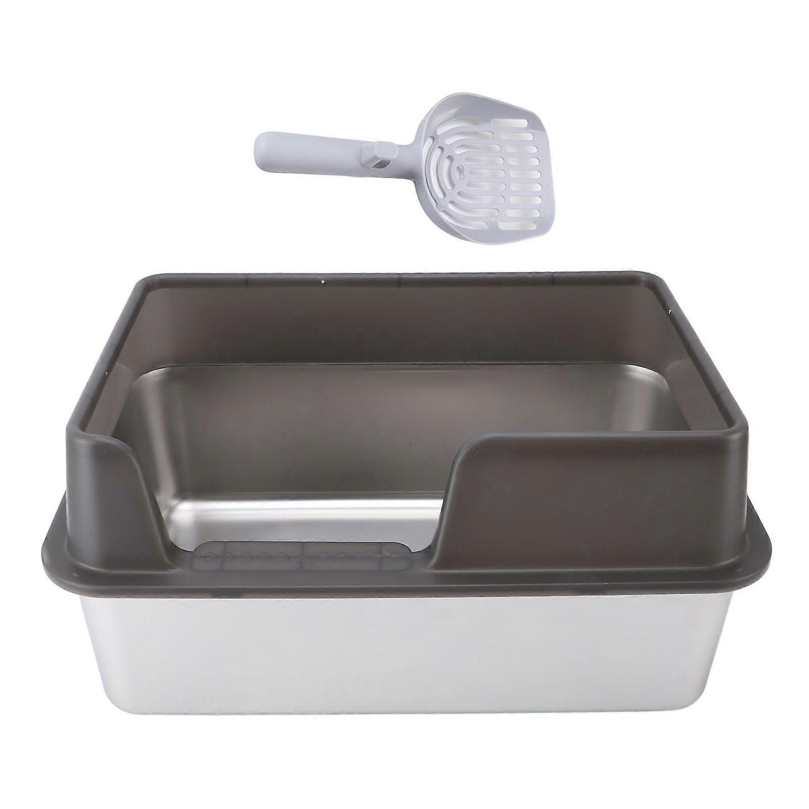 Stainless Steel Litter Pan Splash Proof Large Open Top High Side Litter Pan with Scoop Large Black