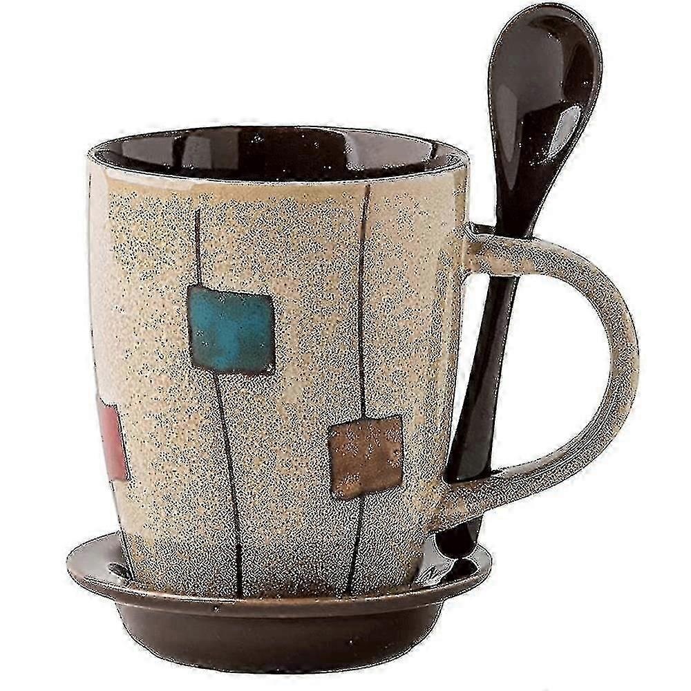 350ml Coffee Mug Set With Saucers And Spoons In Handle, Microwave And Dishwasher Safe Cups,khaki-jie