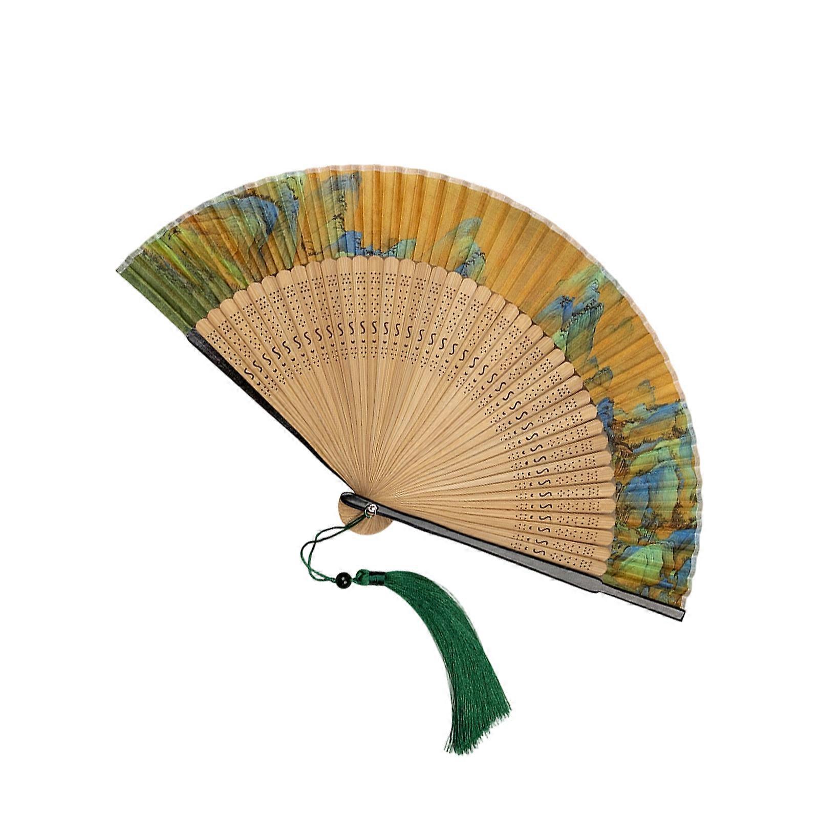 Landscape Folding Hand Fan Handheld Folding Fan with Flower Pattern Fabric Folding Fan for Wedding Dancing Party Multicolor