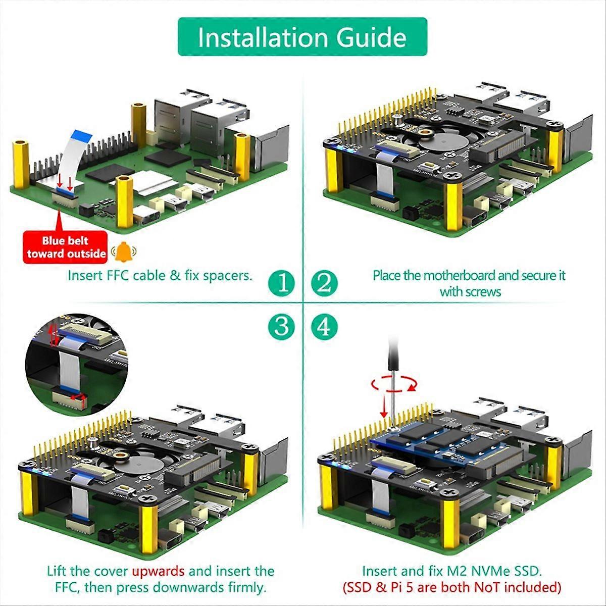 For Raspberry Pi 5 M.2 NVME to PCIe Adapter Supports M2 2230 2242 M Key NVME SSD with Cooler Automatic Discoloration LED