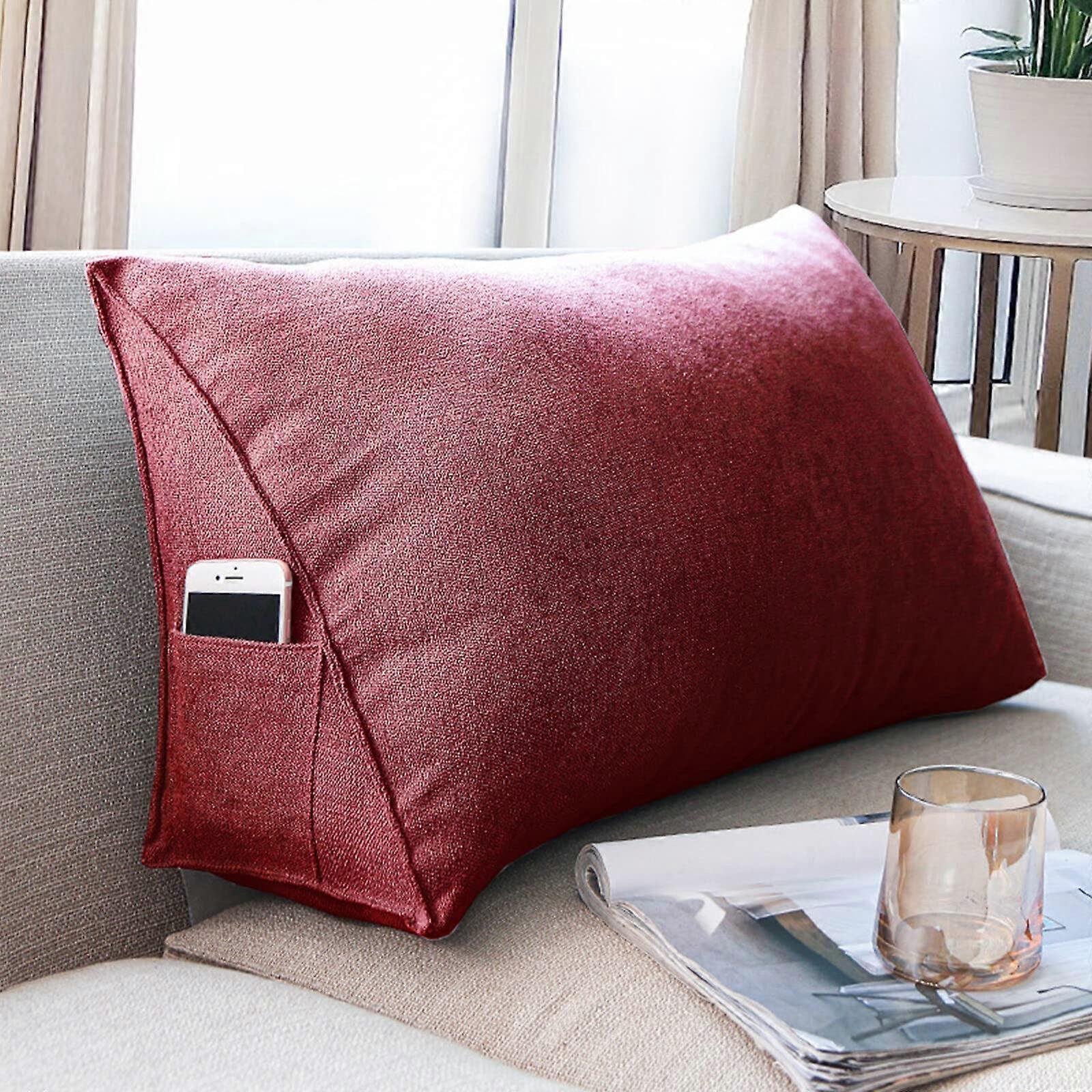 Reading Pillow Wedge Back Support Cushion with Removable Washable Cover and Side Pocket, Dark Red 31.49x13.78x7.87in