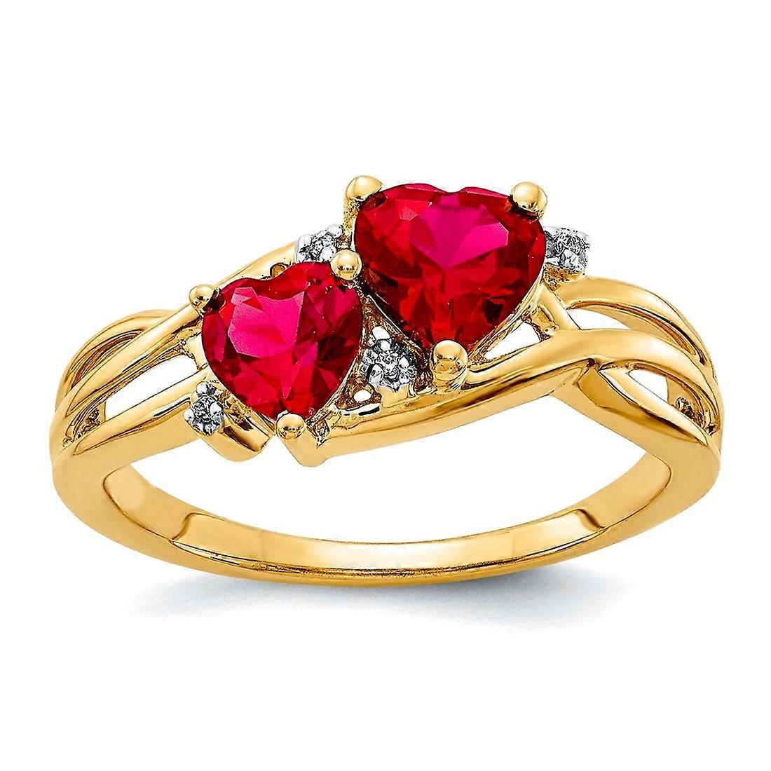 10k Solid Yellow Gold Lab Created Ruby and Diamond Double Love Heart Ring Size 7.00 Statement-Ring for Women
