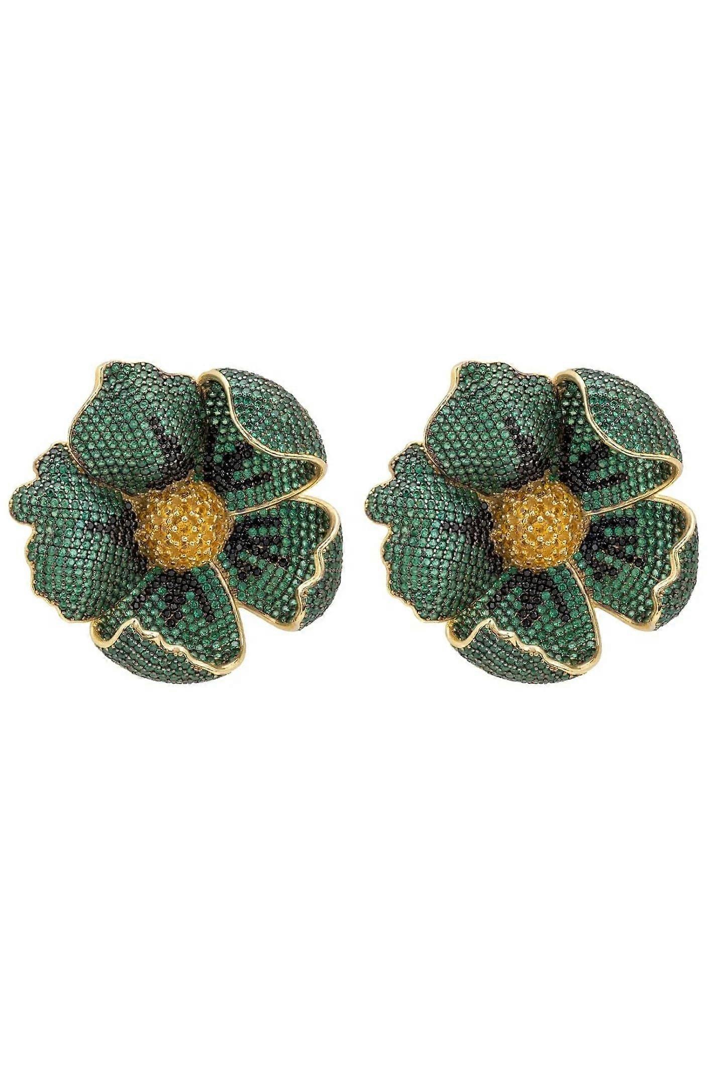 Latelita Women's 925 Sterling Silver Gold-Dipped Poppy Earrings with Emerald Green and Black Cubic Zirconia - 4.2cm
