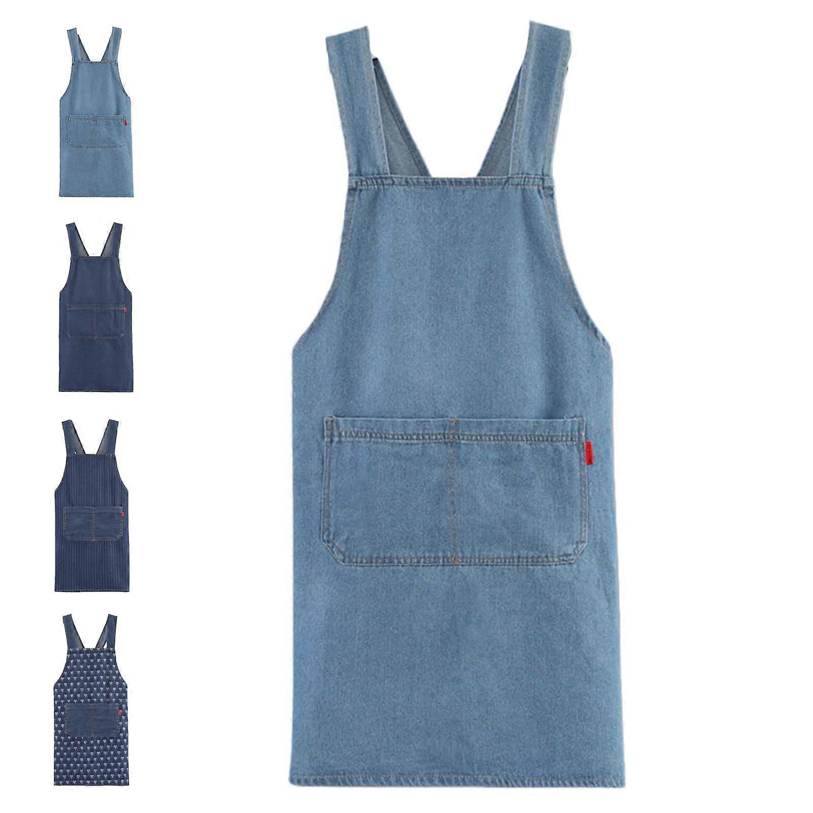 Denim Apron with Adjustable Crossback Straps, Stain Resistant Cotton Blend, Front Pocket, Light Blue