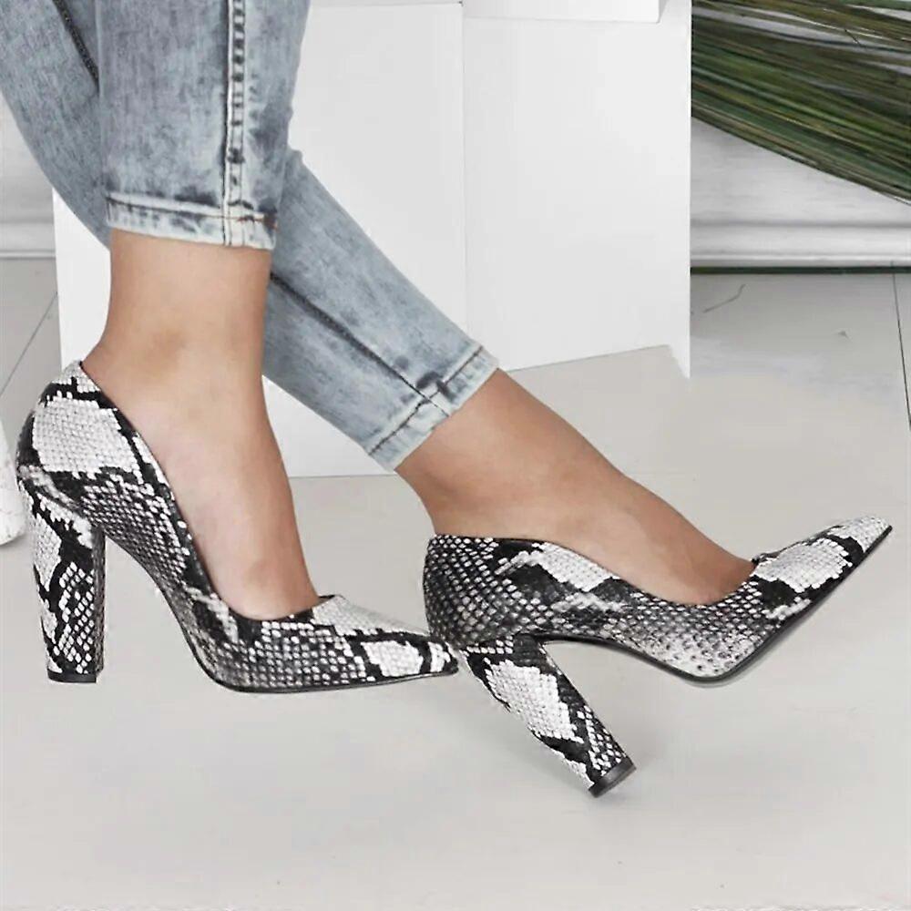 Gray Chunky Heel Snake Print Shoes MA-023