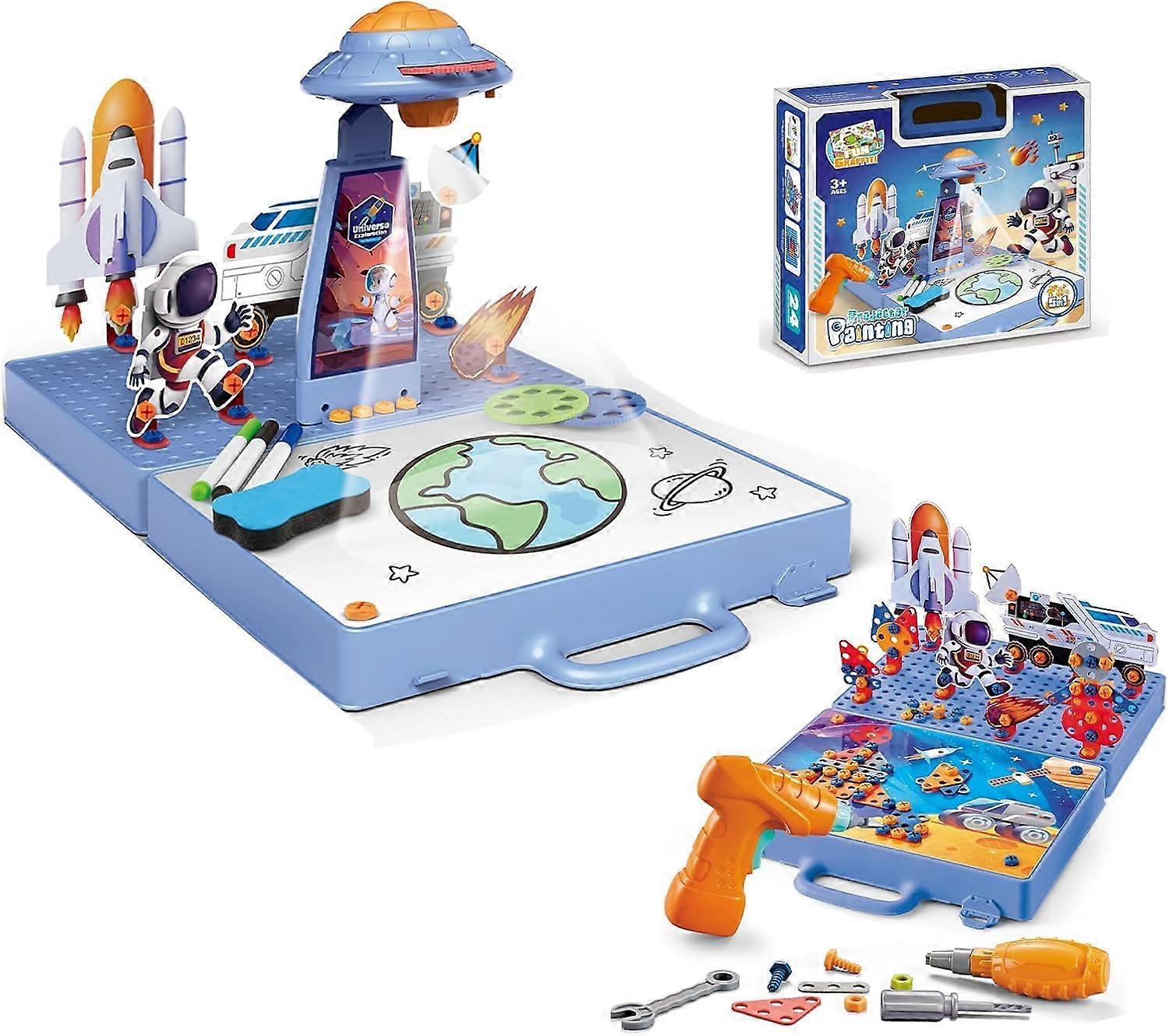 Kids Drawing Projector Table with 360° Rotation, 24 Patterns, 3D Puzzle Building Set, Blue