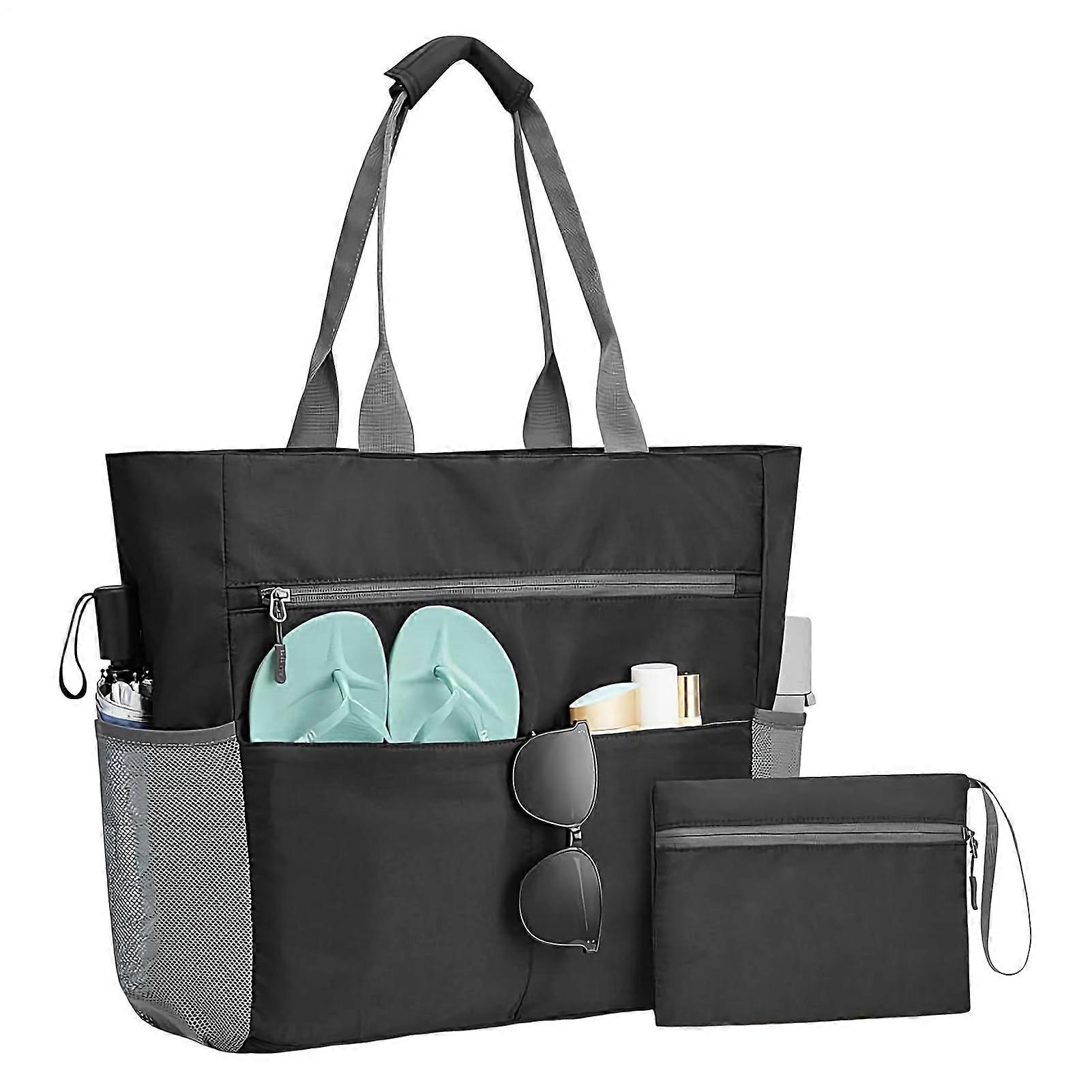 Large Waterproof Beach Tote Bag with Zipper, Foldable Oversized Black Beach Bag with Multiple Pockets