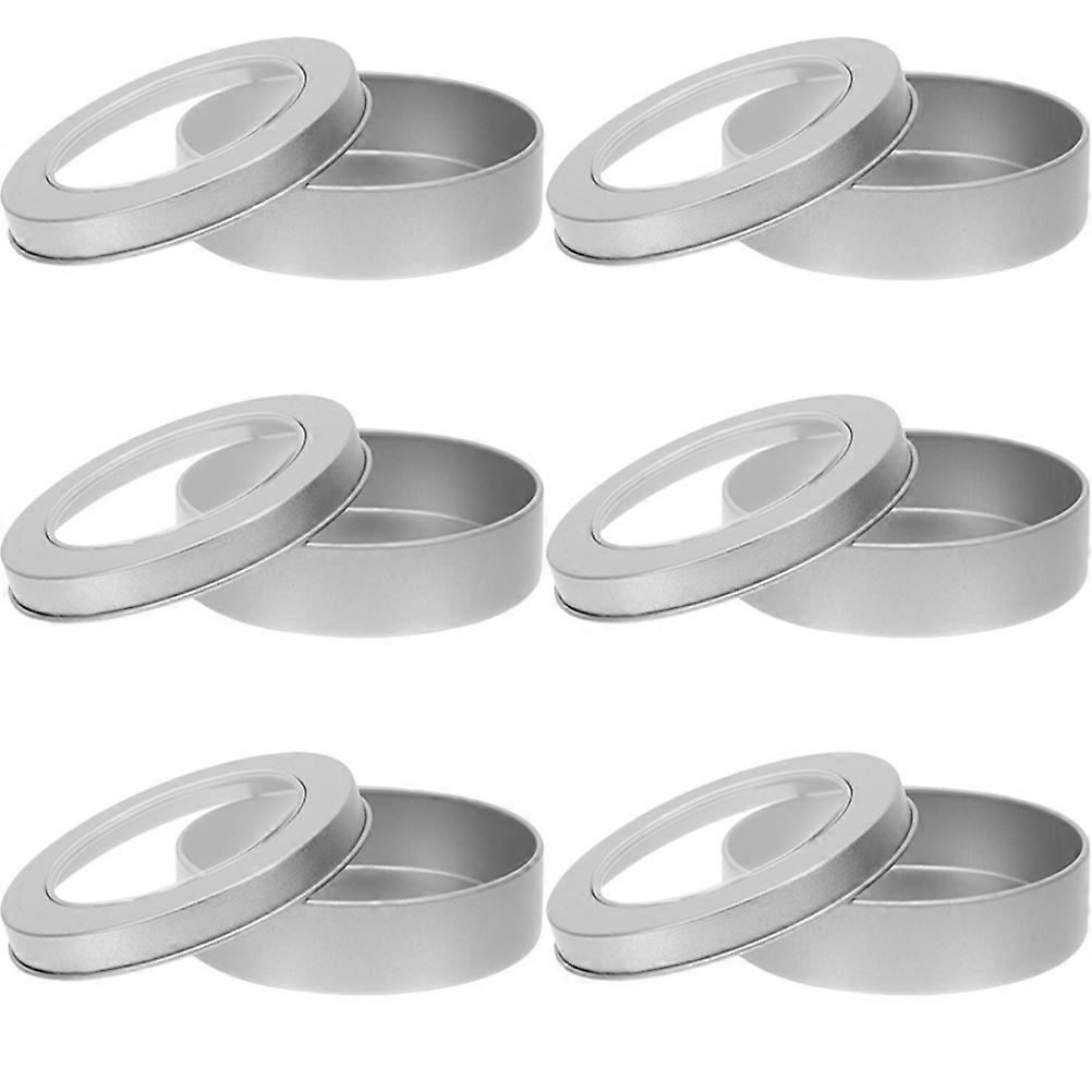 Round Tinplate Empty Window Tins Silver Storage Box with Lid 6Pcs for Storage