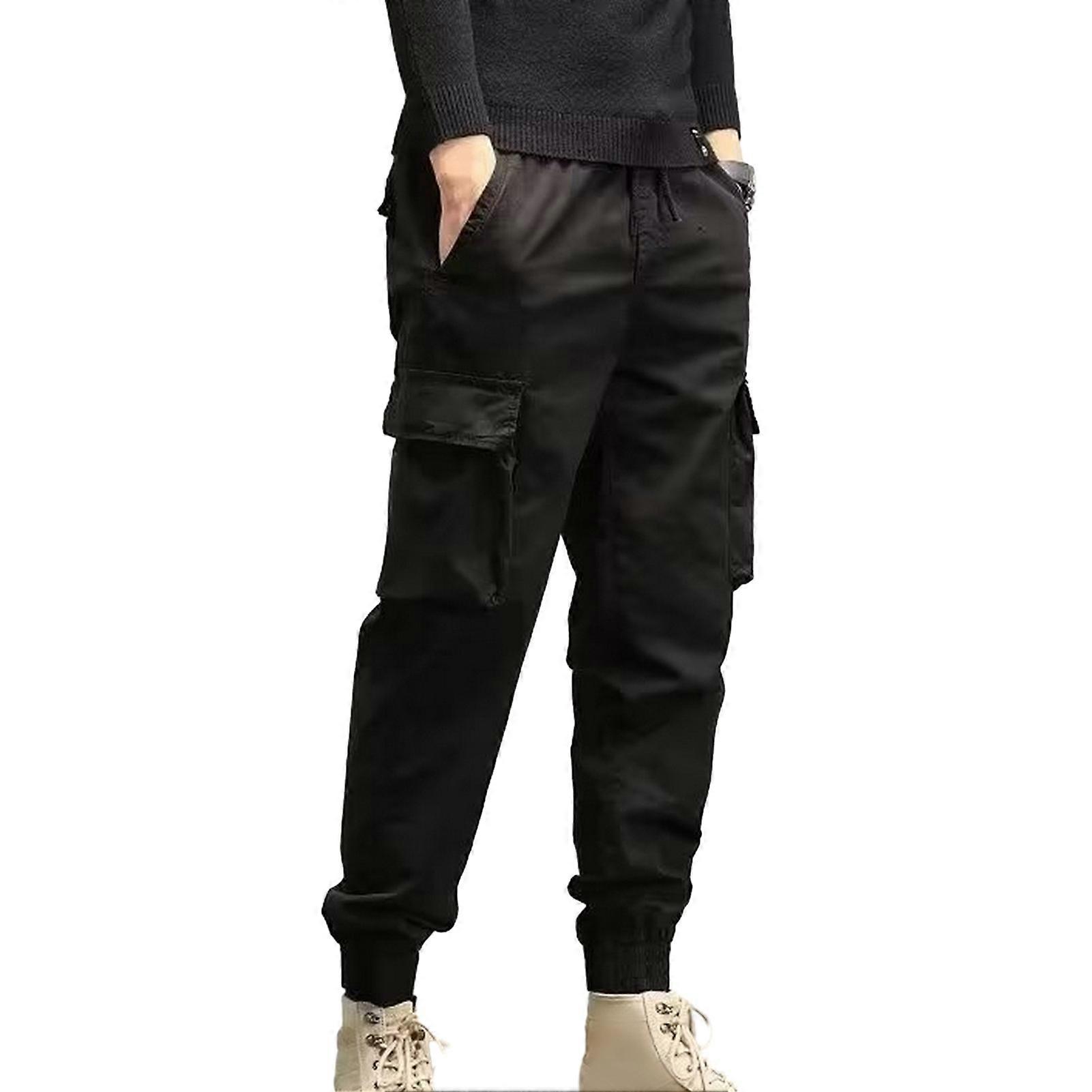 Drawstring Cargo Pants with Multiple Pockets Elastic Waist Solid Color Spring Autumn Sweatpants