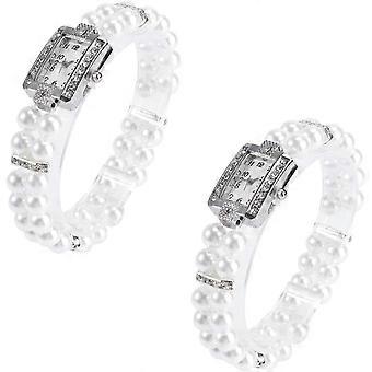 Parelarmbandhorloge voor dames met imitatieparelband, casual quartz polshorlogeset van 2 stuks voor dagelijks gebruik, feestelijke modeaccessoires.
