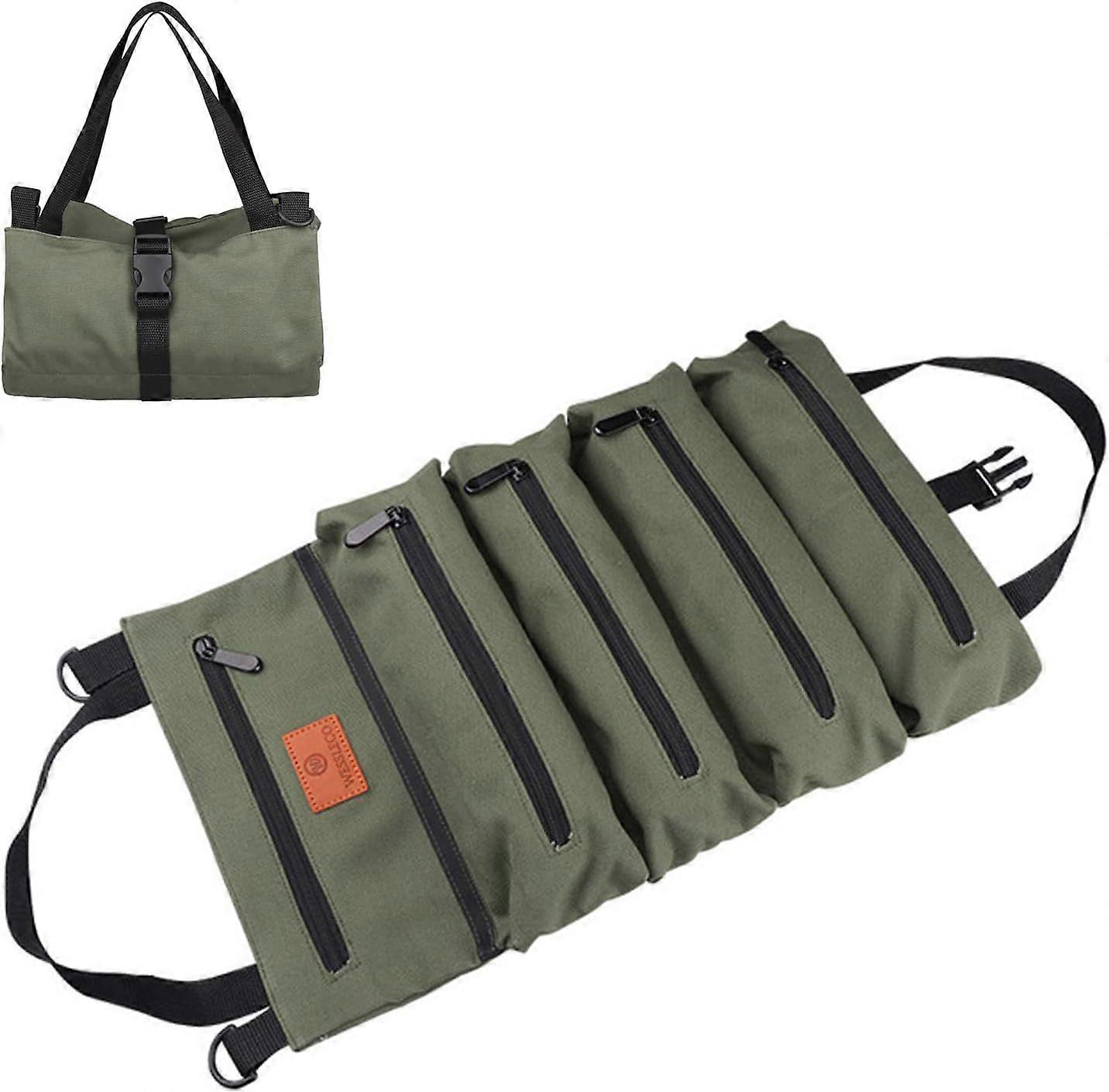 16A Canvas Roll Up Tool Bag with 5 Zipper Pockets, Multi-Function Tool Pouch Roll (Green)