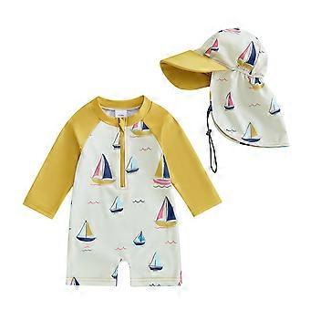 1-5Y Kids Baby Boy Rash Guard Swimsuit with Hat 2 Pcs Swimwears Toddler Sailboat Print Zip Up Long Sleeve Crew Neck Romper