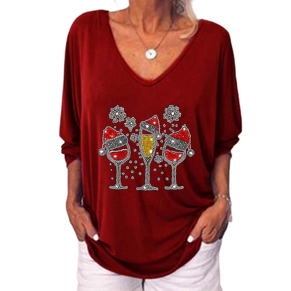 Kobiety Świąteczne drukowane tuniki bluzki z dekoltem V Bluzka Plus Size Button T-shirt Tee Wysoka jakość