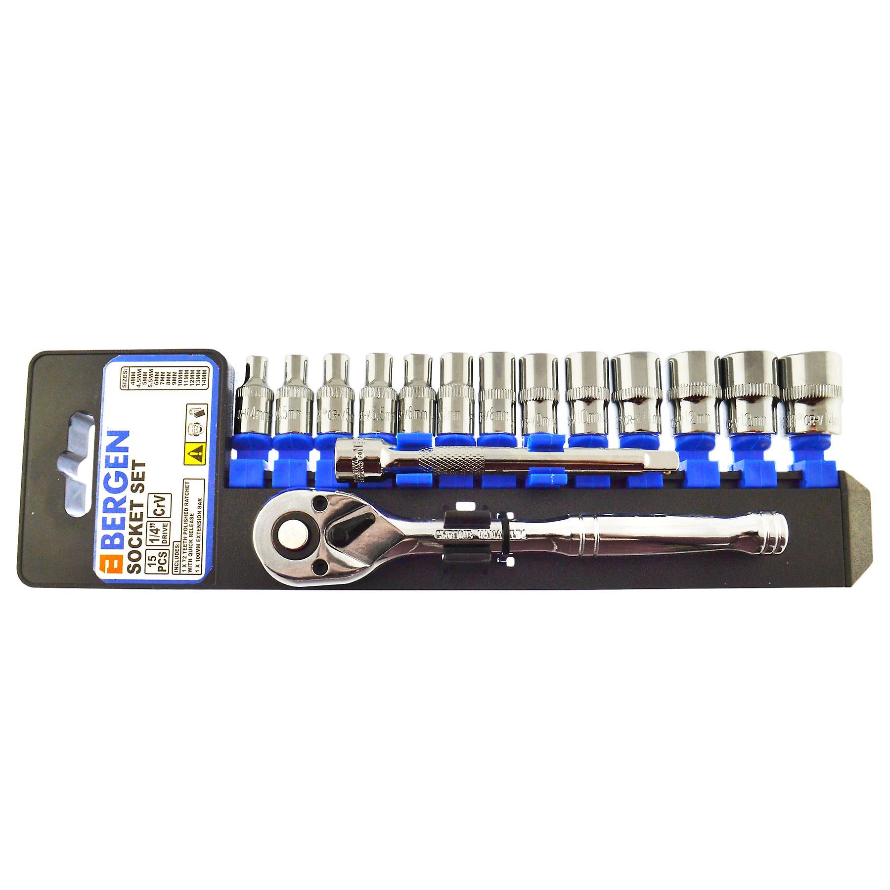 1/4" Drive Metric MM Shallow Sockets And Accessory Kit 4mm - 14mm 15pc Set