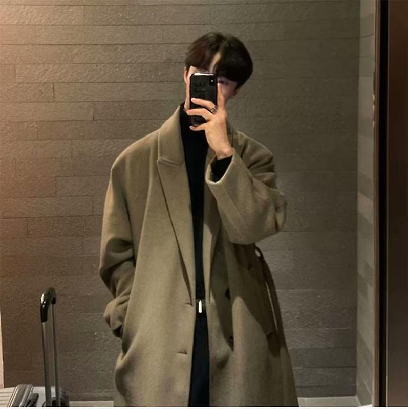 Korean Trend Men's Loose Casual Single-breasted Overcoat Autumn Winter Fashion New Long Sleeve Woolen Long Coat
