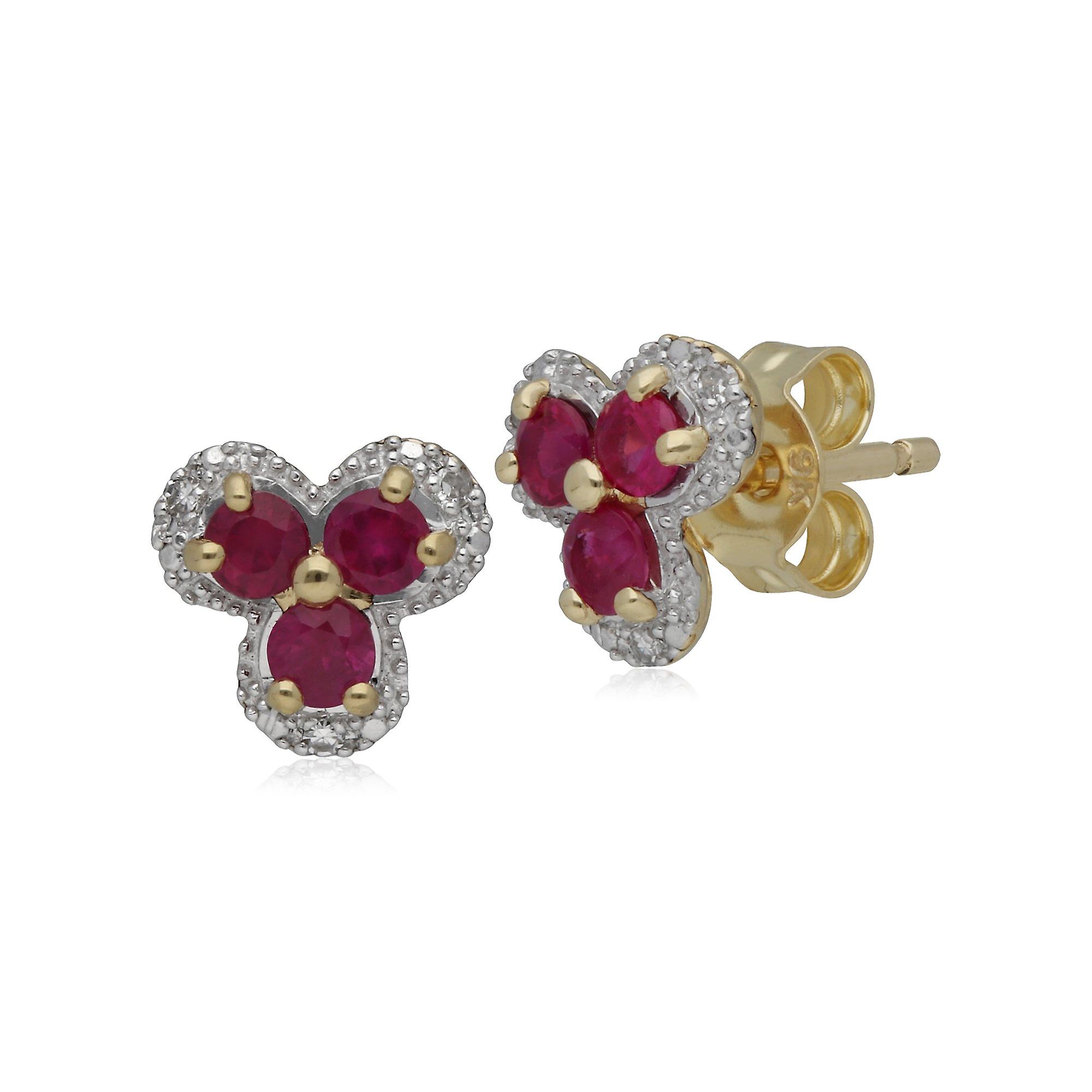 Classic Floral Ruby & Diamond Stud Earrings in 9ct Yellow Gold 183E1133029
