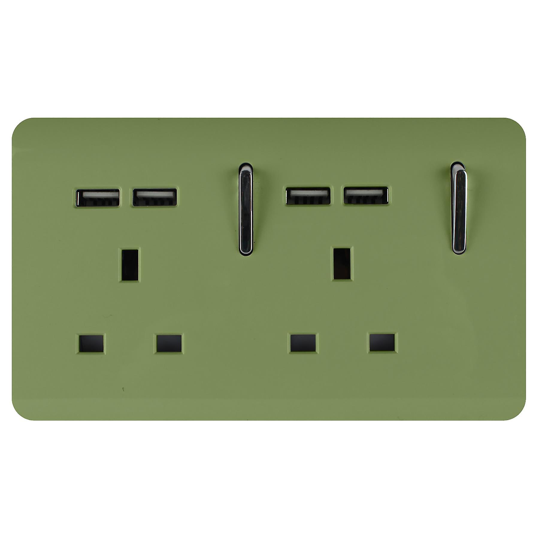 Trendi 2 Gang Artistic Modern Glossy 13 Amp 4x2.1mA USB Switched Plug Socket Moss Green (4 Pack)