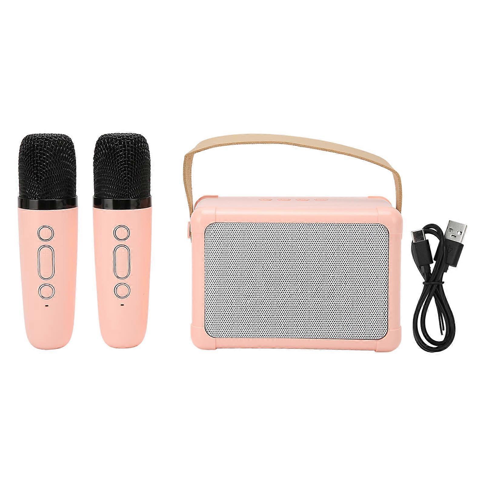 Mini Karaoke Machine HiFi Dynamic Light Portable Bluetooth Speaker with 2 Wireless Microphone for Kids Adults Pink