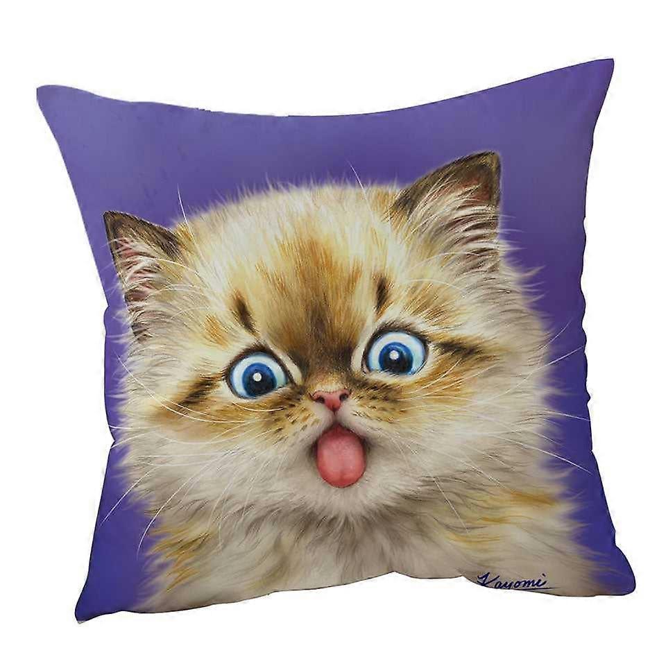 Funny Fool Face Kitten Cat with Tongue Out Cushion Cover