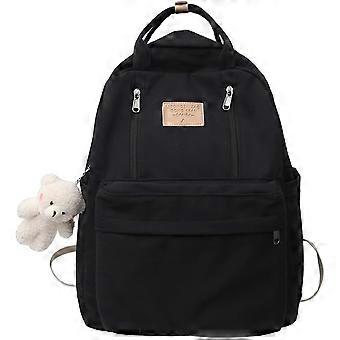 AONUOWE Preppy Backpack with Plushies Cute Backpack for Teen Girls Light Academia Bookbags Solid Aesthetic School Bag (Black)