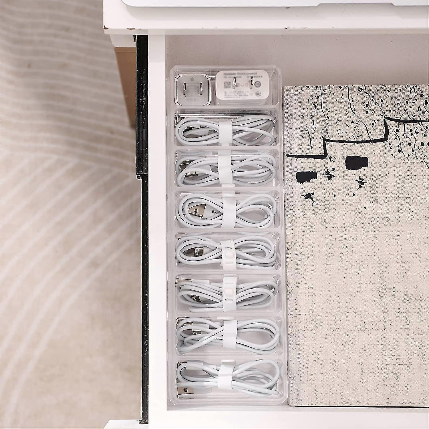 Plastic Cable Management Box With 10 Cable Ties, Clear Power Cord Storage Box With 8 Compartments, Office Electronics Storage Box With Cover