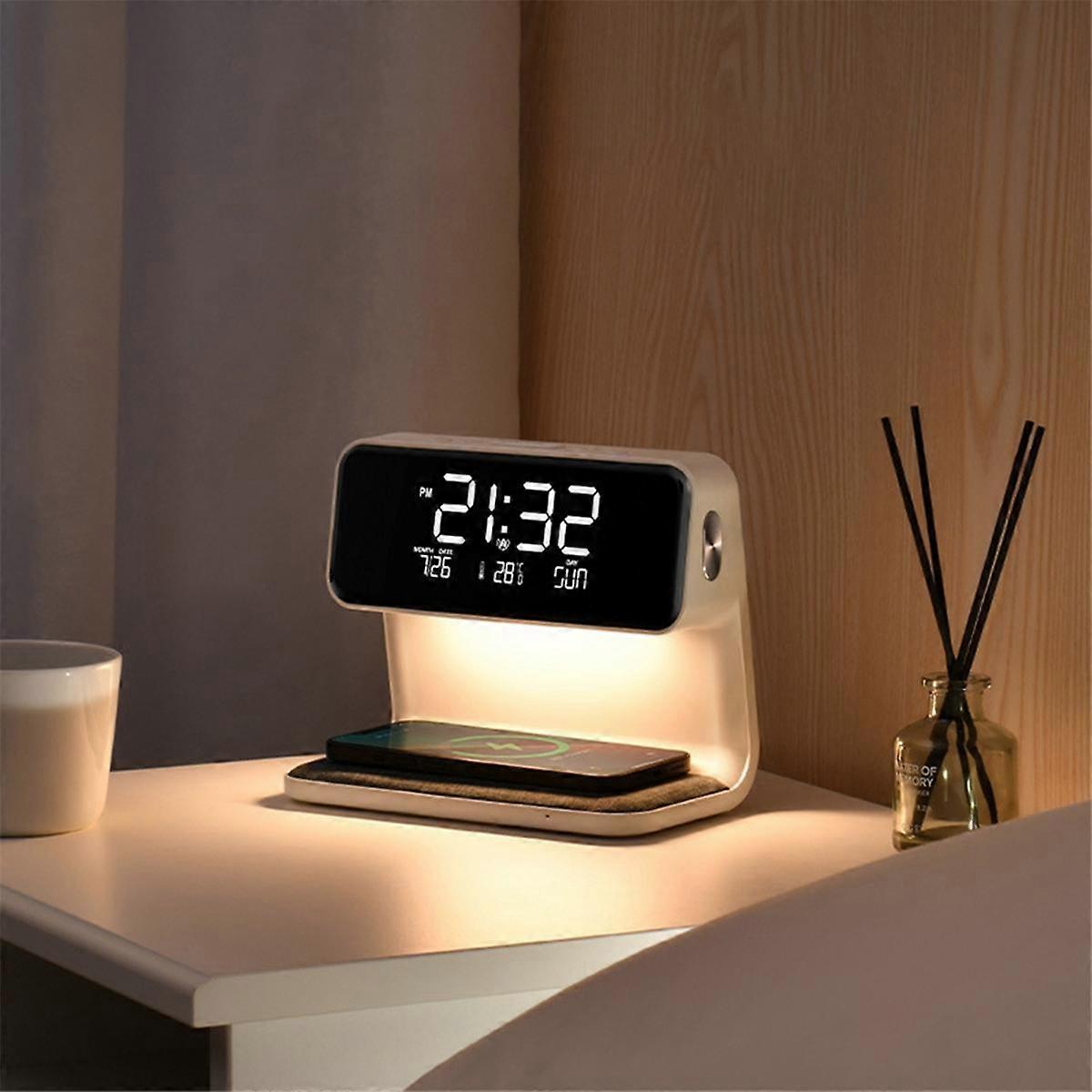 White Alarm Clock With Wireless Charging And Lights Dimmable Digtial Alarm Clock Charging Station For Bed Size 12