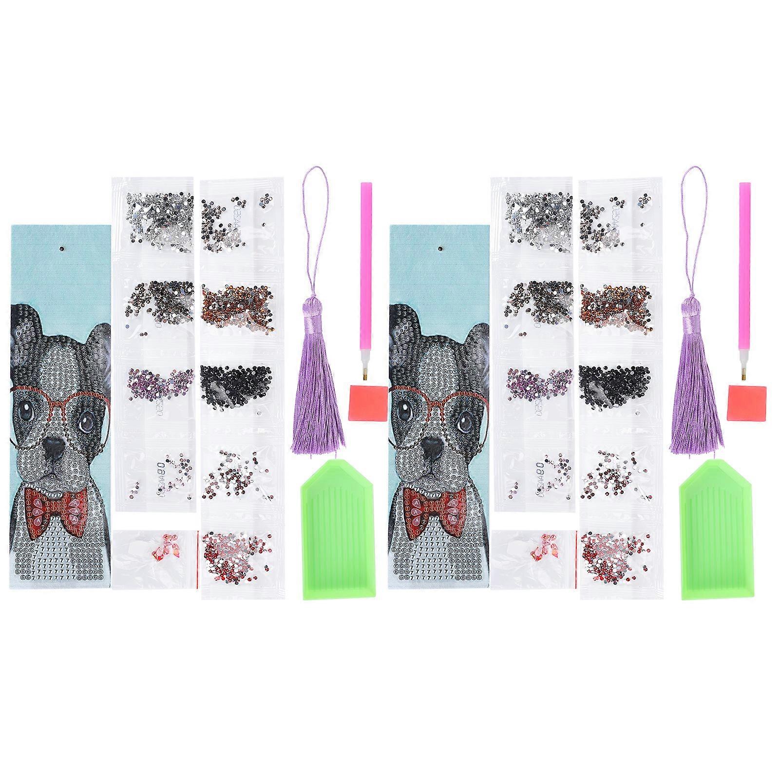 2 Set Diamond Bookmarks 5D DIY Painting Crystal Fancy Shape Round Dog Pattern Hanging Crafts