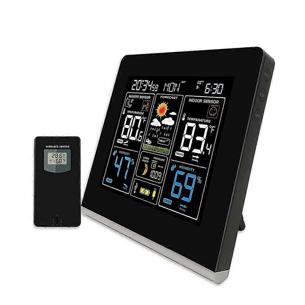 Multifunction Weather Station with 1 Temperature Sensors Thermometer, Alarm Clock, Weather Forecast, Moon Phase Display, Color Display, USB Charging P