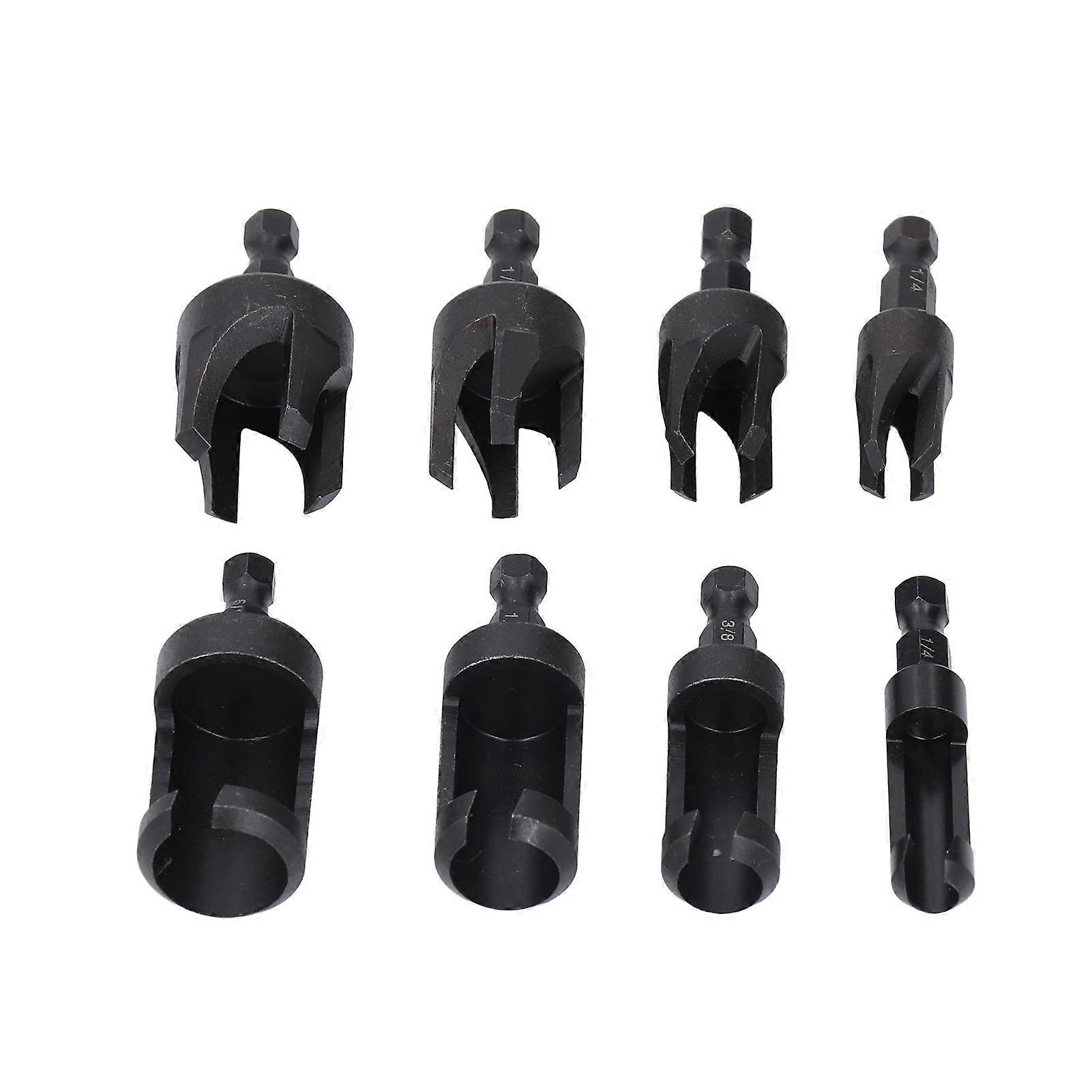 8 Pcs Carbon Steel Hex Shank Wood Drill Bit Set, Straight and Tapered Plug Cutter, 1/4 in, 5/8 in, 3/8 in, 1/2 in, Black