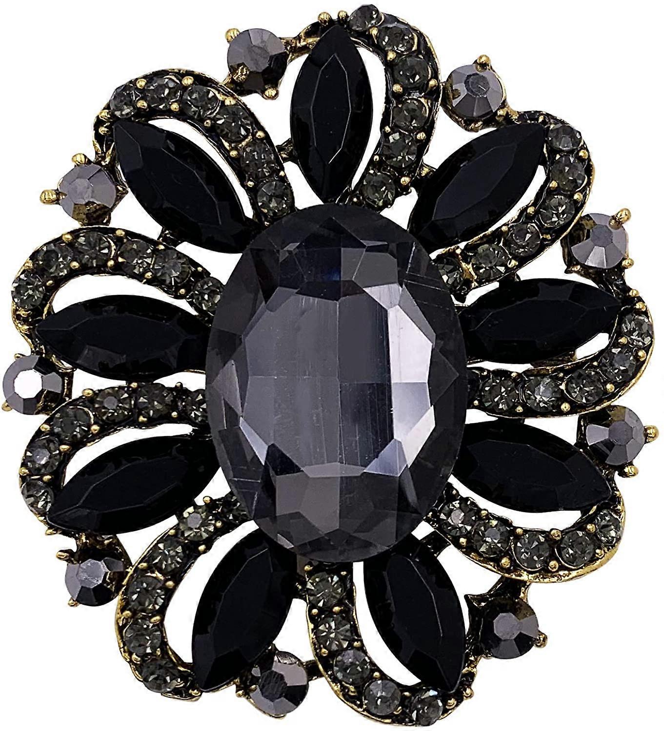 Flower Rhinestone Statement Brooch Pin Accessory Antique Gold Tone