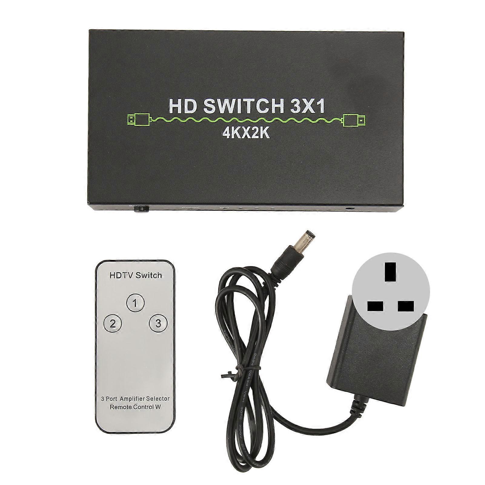 HD Multimedia Interface Switch 3 in 1 Out 4K Support 3D Video Switcher Selector for Set Top Box Laptop TV 100‑240V UK Plug