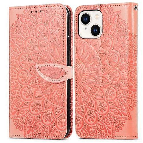 For iPhone 15 Blooming Mandala Embossed Wings Buckle Leather Phone Case