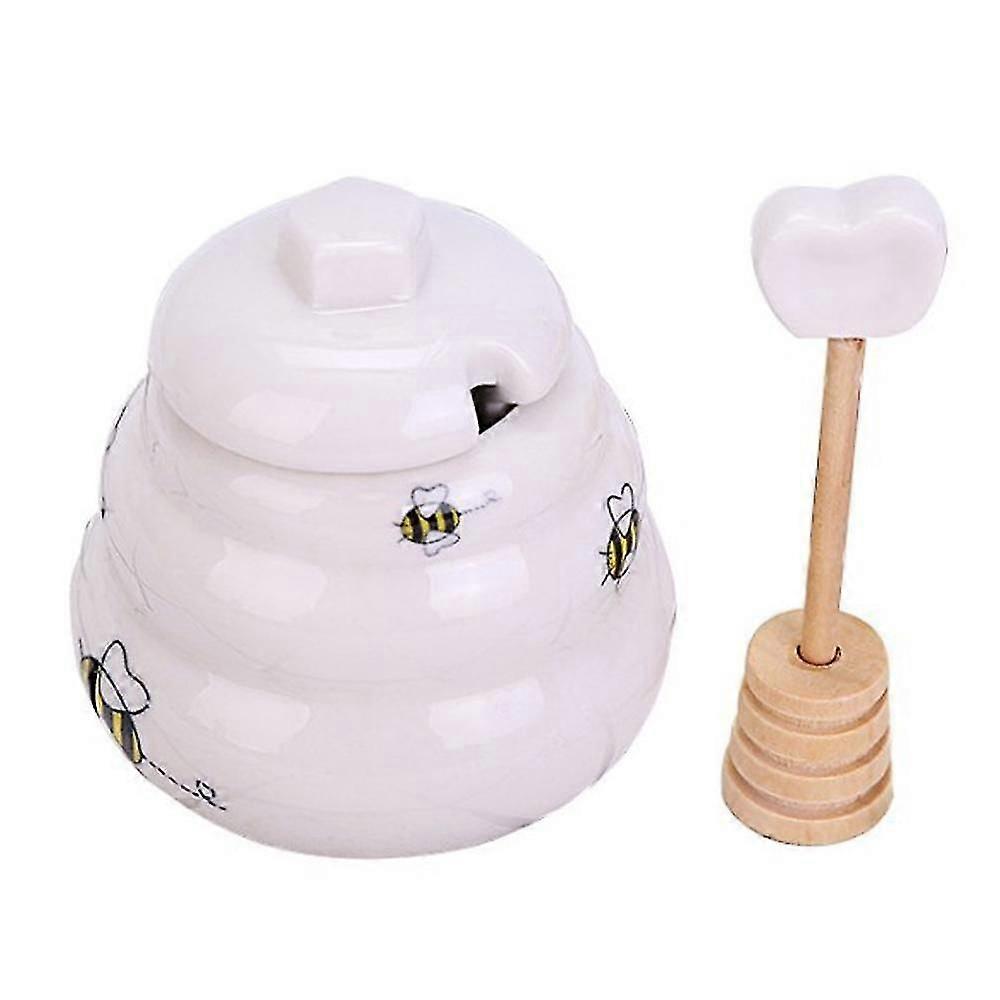 Ceramic Beehive Honey Pot And Wooden Dipper, Miniceramic Beehive Honey Pot With Dipper,0836