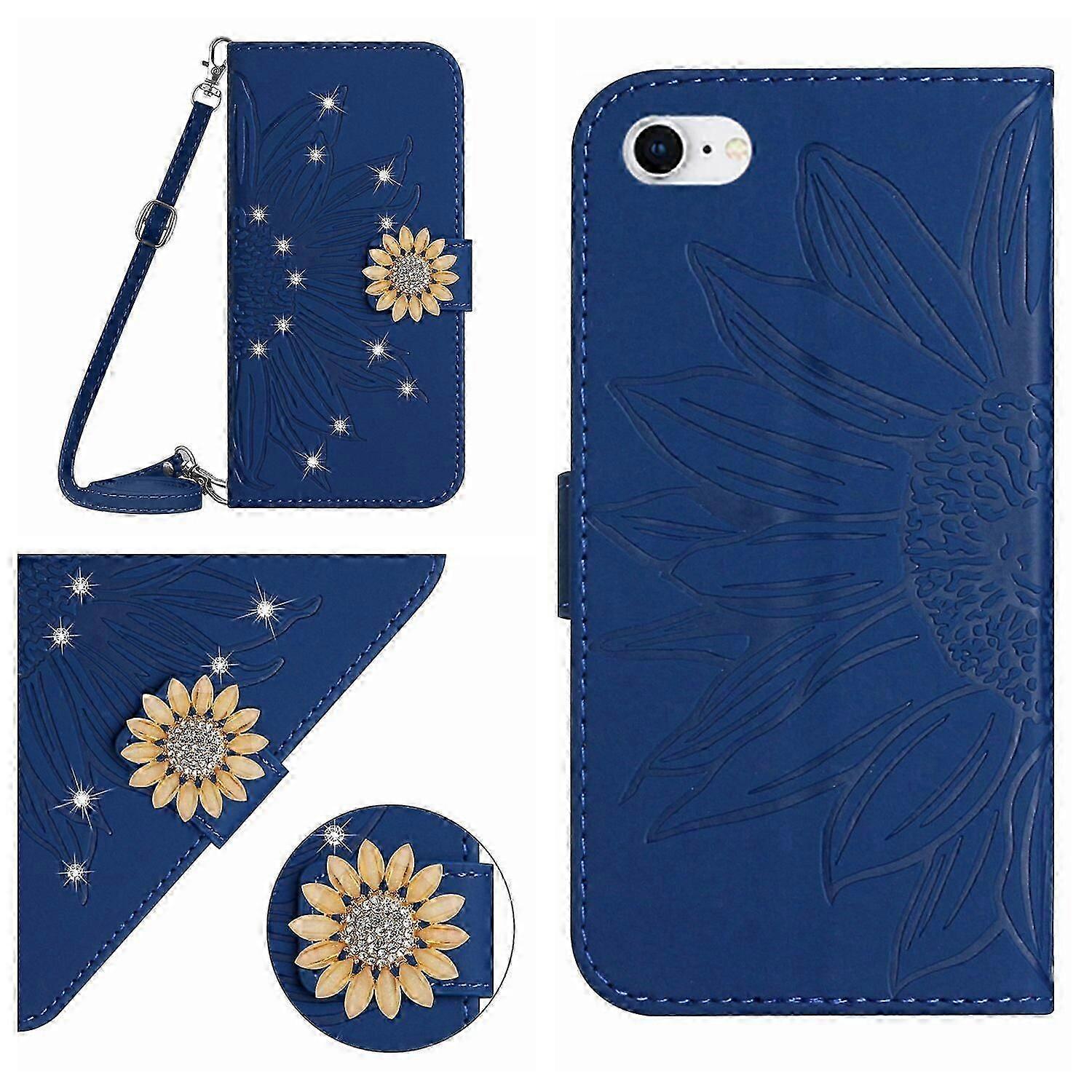 Compatible With iPhone 7/8 Embossed Sunflower with Diamonds Magnetic Card Holder Wallet Phone Case with Shoulder Strap