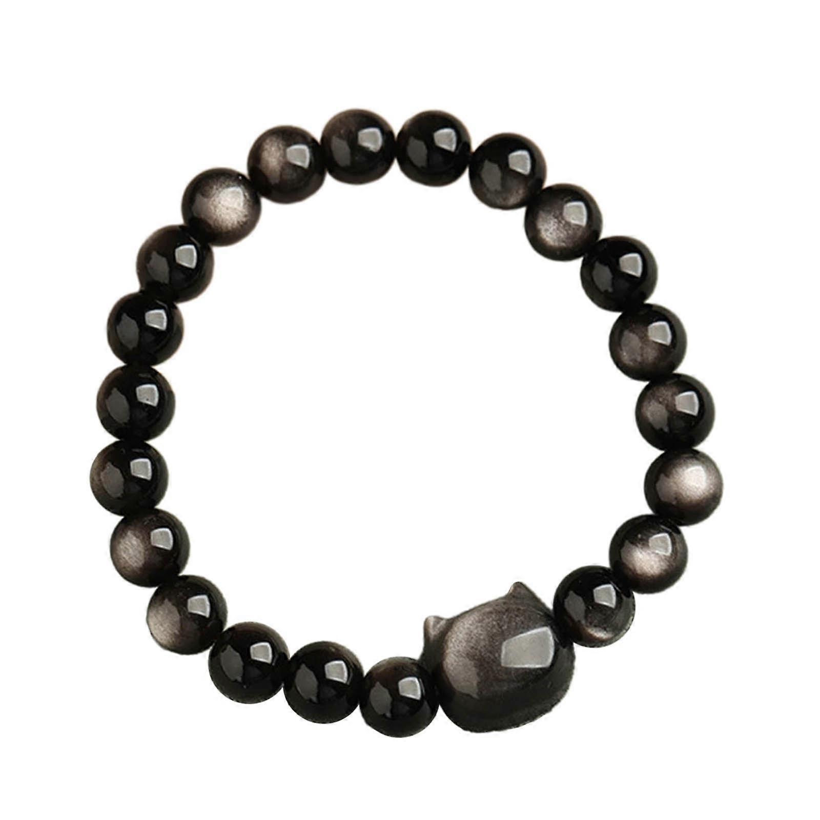 Pendentif tête de chat, chaîne à main, perles d'obsidienne noire, bracelet réglable, cadeau élégant pour les personnes avant-gardistes, 8 mm