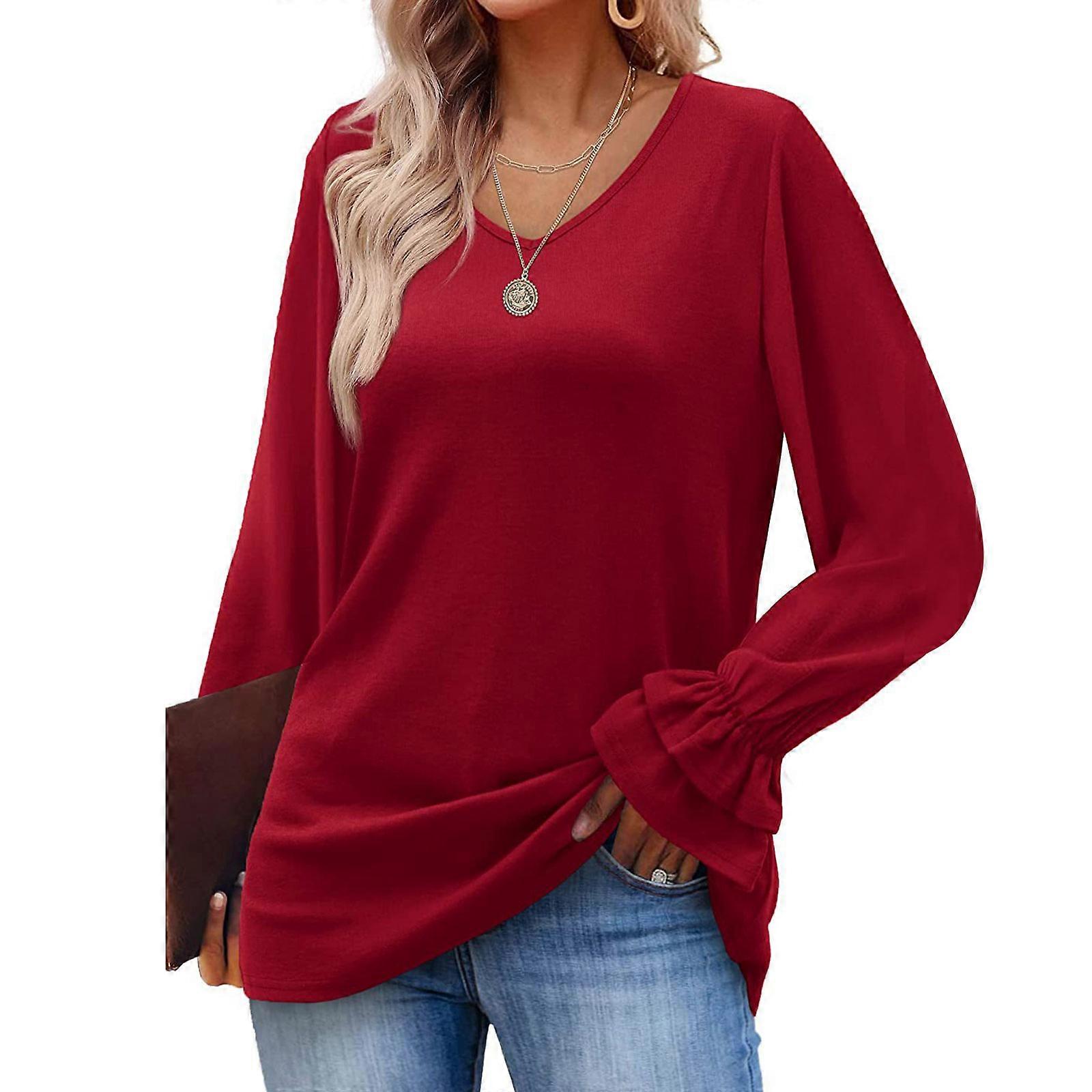 Dame Efterår Niveaudelt Flæser Flared Langærmet Tunika Top T-shirts Helfarve V-hals Afslappet Løs Bluse Pullover Skjorter XL Rød