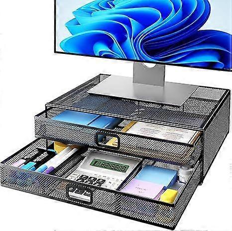 2 Tier Monitor Stand, Metal Monitor Riser with Drawer, Desk Organizer, Monitor Stand with Storage, Desktop Computer Stand for PC, Laptop, Printer